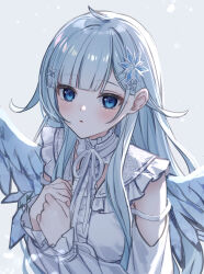 1girl absurdres backlighting blue_eyes blue_hair blush bow bowtie breasts detached_sleeves dress feathered_wings frilled_dress frills grey_background hair_ornament hairclip highres jimmy_madomagi layered_dress neck_ribbon nijisanji own_hands_clasped own_hands_together parted_lips puffy_sleeves ribbon simple_background snowflake_hair_ornament upper_body virtual_youtuber white_dress white_ribbon wings yukishiro_mahiro yukishiro_mahiro_(5th_costume)