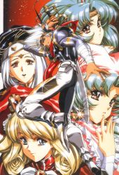 1boy 4girls angelina angelina_(langrisser) blonde_hair blue_eyes blue_hair brown_eyes celena_(langrisser) curly_hair green_hair landius langrisser langrisser_iv multiple_girls rachel_(langrisser) randius_(langrisser) retro_artstyle schelfaniel_(langrisser) selena_(langrisser) shelfaniel smile sword urushihara_satoshi weapon white_hair
