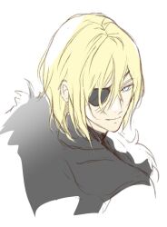 1boy black_shirt blonde_hair blue_eyes closed_mouth commentary_request cropped_shoulders dimitri_alexandre_blaiddyd dimitri_alexandre_blaiddyd_(timeskip) eyepatch fire_emblem fire_emblem:_three_houses hair_behind_ear hair_between_eyes looking_to_the_side male_focus medium_hair nintendo one_eye_covered runpa_run shirt sideways_glance simple_background smile solo upper_body white_background