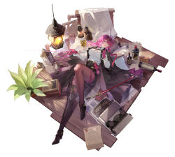 1girl absurdres alcohol asymmetrical_footwear black_boots black_jacket black_shorts book book_stack boots bottle butterfly_ornament carpet chest_harness commentary_request cup drinking_glass empty_picture_frame eyewear_on_head from_above glasses gloves hand_up harness high-waist_shorts highres honkai:_star_rail honkai_(series) index_finger_raised jacket jewelry kafka_(honkai:_star_rail) knee_up lantern long_hair long_sleeves looking_at_viewer lying matsuo_ringo micro_uzi on_back open_mouth pantyhose pantyhose_under_shorts paper picture_frame pince-nez pink_gloves pink_hair plant potted_plant puppet_rings puppet_strings purple-tinted_eyewear purple_eyes purple_pantyhose ring round_eyewear shirt shorts single_thigh_boot smile solo spider_web_print sword thigh_boots tinted_eyewear typewriter weapon white_shirt wide_shot