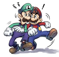 ! 2boys angry blue_overalls boots brothers brown_hair facial_hair full_body gloves green_hat green_shirt hat highres long_sleeves looking_at_another luigi mario mario_&amp;_luigi_rpg mario_(series) masanori_sato_(style) multiple_boys mustache newsboy_cap nintendo overalls red_hat red_shirt red_socks shadow shirt short_hair siblings socks striped_clothes striped_socks teeth two-tone_socks white_background white_gloves white_socks ya_mari_6363