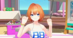 1girl arm_up arms_up ball bead_bracelet beads blue_eyes blush box bracelet can closed_mouth collarbone crop_top hair_between_eyes hair_intakes highres jewelry ker2348 looking_at_viewer midriff number_print orange_hair sand secretto_(waktaverse) shadow shiny_skin short_hair smile solo tank_top virtual_youtuber waktaverse