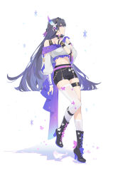 Rule 34 | 1girl, absurdres, alternate costume, asymmetrical legwear, black boots, black shorts, boots, breasts, closed mouth, commentary request, crop top, fingernails, full body, hand up, headphones, high heel boots, high heels, highres, honkai (series), honkai impact 3rd, large breasts, long hair, long sleeves, looking at viewer, midriff, nail polish, navel, pmg, profile, purple eyes, purple hair, purple nails, raiden mei, shirt, shorts, simple background, single off shoulder, single thighhigh, smile, solo, thigh strap, thighhighs, thighs, uneven legwear, very long hair, white background, white shirt, white thighhighs
