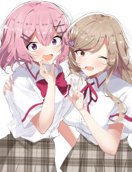 2girls absurdres amaori_renako blonde_hair bow bowtie breasts brown_eyes brown_skirt collared_shirt dress_shirt flustered hair_ornament hairclip half-heart_hands hand_on_another&#039;s_hip hand_on_another&#039;s_shoulder happy highres large_breasts long_hair medium_breasts multiple_girls one_eye_closed open_mouth ozawa_sayori pink_eyes pink_hair plaid_clothes plaid_skirt red_bow red_bowtie red_ribbon ribbon school_uniform sena_ajisai shirt shirt_tucked_in short_hair short_sleeves simple_background skirt smile upper_body v watashi_ga_koibito_ni_nareru_wake_naijan_murimuri! white_background yuri