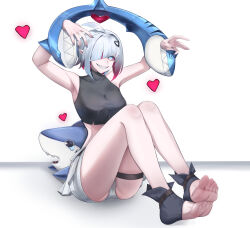 1girl absurdres ahoge armpits black_shirt black_shoes breasts briar_(league_of_legends) chained_wrists colored_sclera crop_top diagonal_bangs hair_ornament heart heart_hair_ornament highres league_of_legends looking_at_viewer medium_breasts open-toe_shoes pink_sclera sharp_teeth shirt shoes shork_cosplay_briar simple_background singiru sitting sleeveless sleeveless_shirt solo spoken_heart stuffed_animal stuffed_shark stuffed_toy teeth thigh_strap toes white_background white_eyes