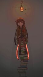 Rule 34 | 1girl, :|, black boots, black shirt, book, book stack, boots, brown coat, bug, ceiling light, closed mouth, coat, collared shirt, expressionless, fly, grey hair, gun, gun in lap, highres, holding, holding book, hugging object, insect, jitome, long hair, long sleeves, looking at viewer, low twintails, open clothes, open coat, player193, purple eyes, red brooch, sentinel girls, shirt, sitting, solo, straight-on, strelka (sentinel girls), submachine gun, twintails, very long hair, weapon