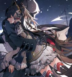 1boy 1girl absurdres alternate_costume black_hair cino_(cappuccino) commandant_(pgr) crane_(machine) hair_ornament highres hood hood_down hooded_jacket hug jacket long_hair lucia:_pyroath_(military_dress)_(pgr) lucia:_pyroath_(pgr) lucia:_pyroath_(prestigious_accolade)_(pgr) lucia_(pgr) official_alternate_costume outdoors punishing:_gray_raven red_streaks smile twintails
