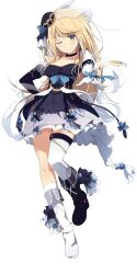 Rule 34 | 1girl, ;), asymmetrical footwear, black choker, black dress, black shoes, blonde hair, blush, breasts, choker, cleavage, dress, full body, gloves, highres, mismatched footwear, official art, ogipote, one eye closed, onsen musume, shoes, simple background, single thighhigh, smile, solo, thighhighs, transparent background, urume aria, white gloves, white shoes, white thighhighs, yellow eyes
