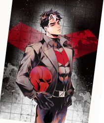 1boy bat_signal batman_(series) batman_symbol black_bodysuit black_gloves black_hair blue_eyes bodysuit brown_jacket dc_comics gloves grey_bodysuit highres holding jacket jason_todd male_focus mask multicolored_hair muscular muscular_male open_clothes pants red_hood_(dc) shirt short_hair solo superhero_costume two-tone_bodysuit two-tone_hair white_hair yhroa