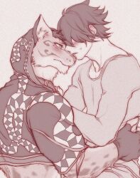 2boys animal_ears blush brown_gloves brown_jacket chillasan claws closed_mouth commentary_request facing_another from_side furry furry_male gloves hair_over_eyes hood hood_up hooded_jacket jacket leopard_boy leopard_ears likulau_(nekojishi) lin_tianliao_(nekojishi) looking_at_another male_focus multiple_boys nekojishi profile sweat yaoi