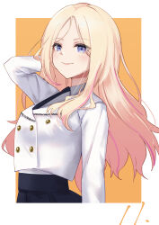 1girl absurdres arm_behind_back blonde_hair blue_skirt blush border commentary_request enu_illustip gakuen_idolmaster hatsuboshi_gakuen_school_uniform highres idolmaster jacket juo_sena long_hair looking_at_viewer multicolored_hair orange_background pink_hair purple_eyes school_uniform simple_background skirt smile solo streaked_hair two-tone_hair upper_body very_long_hair white_border white_jacket
