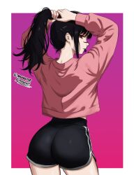 1girl absurdres arms_up artist_name ass black_hair black_shorts chainsaw_man closed_mouth hair_tie_in_mouth highres long_hair long_sleeves looking_at_viewer mothdropcrowla mouth_hold pink_sweater ponytail red_eyes ringed_eyes scar scar_on_face scar_on_nose short_shorts shorts sidelocks solo sweater twitter_username tying_hair yoru_(chainsaw_man)