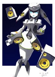 Rule 34 | 1girl, absurdres, android, blue sclera, blue tongue, clothed robot, colored sclera, colored tongue, dia (world flipper), highres, humanoid robot, joints, mechanical skirt, metal skin, robot, robot girl, robot joints, speaker, takimoto yuwi, world flipper