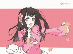 1girl animated animated_gif axis_powers_hetalia blush brown_eyes brown_hair chinese_clothes dancing finger_to_cheek flower hair_flower hair_ornament hoshino_ruby_dance index_finger_raised long_hair long_sleeves looking_at_viewer looping_animation open_mouth outstretched_arm pink_flower smile solo taiwan_(hetalia) upper_body watermark xinjinjumin464663268078