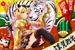 1girl ahoge animal_ears bell black_hair blonde_hair blush_stickers brown_thighhighs byakko chinese_zodiac daruma_doll detached_sleeves fang fang_out floral_print fur-trimmed_kimono fur-trimmed_sleeves fur_trim hair_bell hair_ornament happy_new_year highres japanese_clothes kadomatsu kimono kimono_skirt low_ponytail mount_fuji multicolored_hair nengajou new_year original ponytail sitting sleeveless sleeveless_kimono streaked_hair thick_eyebrows thighhighs tiger tiger_ears tiger_girl two-tone_hair wide_sleeves yellow_eyes yunekoko zettai_ryouiki