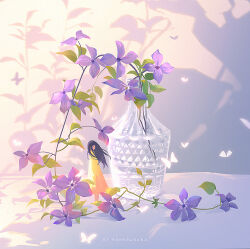 1girl artist_name black_hair bug butterfly dress english_text flower huhv. insect leaf long_hair mini_person minigirl original plant purple_flower shadow solo standing white_butterfly wide_shot yellow_dress