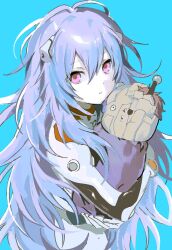 1girl ayanami_rei blue_background blue_hair bodysuit deezydays evangelion:_3.0+1.0_thrice_upon_a_time expressionless hair_between_eyes highres holding interface_headset_(evangelion) long_hair looking_at_viewer mecha_pilot_suit neon_genesis_evangelion pink_eyes plugsuit_(evangelion) rebuild_of_evangelion simple_background solo upper_body white_bodysuit