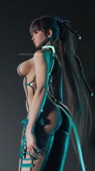 1girl ass brown_hair eve_(stellar_blade) highres long_hair ria_(baka-neearts) signature stellar_blade