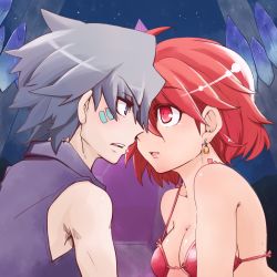 1boy 1girl ahoge bikini bikini_top_only blue_eyes breasts couple earrings gig_(soul_cradle) jewelry red_eyes red_hair revya_(female) rikuo_(whace) silver_hair soul_cradle swimsuit vest