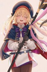 1girl artoria_caster_(fate) artoria_caster_(second_ascension)_(fate) artoria_pendragon_(fate) belt beret black_bow black_gloves black_pantyhose blonde_hair blue_belt blue_cloak blue_gemstone blue_hat blush bomberca309 bow buttons cloak closed_eyes collared_shirt commentary facing_viewer fate/grand_order fate_(series) gem gloves gold_trim hair_between_eyes hair_bow hat highres holding holding_staff long_hair long_sleeves open_mouth ornament pantyhose pink_ribbon purple_bow ribbon shirt skirt smile solo staff teeth twintails white_background white_shirt white_skirt
