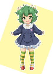 1girl :d absurdres adapted_costume aged_down antenna_hair assault_lily black_dress blush child commentary_request dress ebisu_nobu frilled_dress frills full_body green_eyes green_hair green_theme hair_ribbon hands_up highres long_sleeves looking_at_viewer mary_janes multicolored_shoes name_tag neck_ribbon open_mouth red_shoes ribbon school_uniform shoes short_hair smile solo standing thighhighs two-tone_background two-tone_shoes two-tone_thighhighs two_side_up uwabaki white_background white_shoes yellow_background yellow_ribbon yellow_thighhighs yoshimura_thi_mai yurigaoka_girls_academy_school_uniform