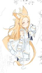 1girl animal_ear_fluff animal_ears bird blonde_hair blue_archive commentary cross_halo detached_sleeves dress ear_wreath english_commentary flower forehead fox_ears fox_girl halo long_hair looking_at_viewer mirumiruchan seia_(blue_archive) sketch sleeve_bow sleeves_past_fingers sleeves_past_wrists solo tit_(bird) very_long_hair white_background white_bird white_dress yellow_eyes yellow_halo