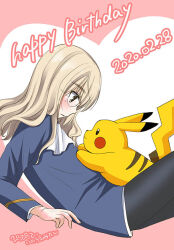 1girl black_pantyhose blonde_hair blue_jacket commentary_request crossover dated english_text from_side gen_1_pokemon glass glasses happy_birthday heart inouemitan0926 jacket long_hair looking_at_another lying military military_uniform neckerchief nintendo pantyhose perrine_h._clostermann pikachu pokemon pokemon_(creature) profile strike_witches world_witches_series