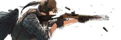 Rule 34 | 1girl, aiming, american flag, baseball cap, benelli m4, black gloves, black hair, black wings, brown hat, bulletproof vest, commentary, commission, ear protection, english commentary, finger on trigger, from side, gloves, grey shirt, gun, hat, highres, long hair, maxturbo69, original, ponytail, shell casing, shirt, shotgun, shotgun shell, simple background, solo, upper body, weapon, white background, wings