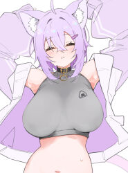 1girl ahoge animal_ear_fluff animal_ears armpits black_collar breasts breasts_apart cat_ears closed_eyes collar crossed_bangs double-parted_bangs grey_sports_bra hair_between_eyes halterneck haseneko highres hololive jacket light_blush navel nekomata_okayu nekomata_okayu_(membership) open_clothes open_jacket parted_lips purple_hair purple_jacket sidelocks sleeves_past_fingers sleeves_past_wrists solo sports_bra stomach striped_clothes striped_jacket upper_body