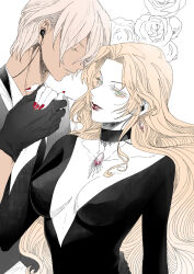 1boy 1girl amuro_tooru black_choker black_dress black_gloves blonde_hair breasts choker cleavage closed_eyes collarbone colored_eyelashes dark-skinned_male dark_skin dress earrings eyelashes eyeshadow fingernails flower formal_clothes gloves green_eyes holding_hands jewelry limited_palette lipstick long_hair long_sleeves makeup medium_breasts meitantei_conan mui_mmmm nail_polish necklace parted_bangs parted_lips plunging_neckline red_lips red_nails rose shirt short_hair simple_background smile upper_body vermouth_(meitantei_conan) very_long_hair wavy_hair white_background white_flower white_rose