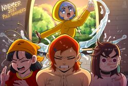 4girls absurdres ayase_momo ben_10 black_choker black_hair blackwhiplash blue_eyes blue_hair breasts brick_wall brown_eyes brown_hair cat_o&#039;_nine_tails choker cleavage collarbone cross dandadan dragon_ball dragon_ball_gt earrings gwen_tennyson hands_up highres holy_water hood hood_up jewelry jubilee_2025 long_sleeves luce_(jubilee_2025) multiple_girls open_mouth orange_hair pan_(dragon_ball) parted_lips raincoat red_shirt shirt tears topless_female whip window yellow_raincoat