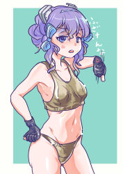 1girl alternate_costume anger_vein bikini black_gloves blue_eyes breasts commentary_request gloves gold_bikini headgear highres kantai_collection langley_(kancolle) looking_at_viewer medium_hair navel partially_fingerless_gloves purple_hair ribbon small_breasts solo sports_bikini swimsuit thrux thumbs_down
