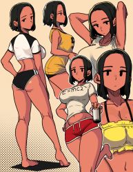 1girl absurdres armpits arms_up ass black_eyes black_hair breasts cleavage closed_mouth clothes_writing crop_top curvy drink feet from_behind half-closed_eyes highres large_breasts legs looking_at_viewer looking_back masgamjya midriff mob_face mole mole_on_breast navel original shirt short_hair short_shorts shorts speech_bubble tank_top thought_bubble unamused white_shirt