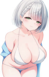 1girl :3 absurdres arms_behind_back bare_shoulders bikini blue_jacket braid braided_bangs breasts cleavage closed_mouth commentary_request green_eyes grey_hair groin hair_ornament halterneck highres hololive jacket kojou_gunshi large_breasts looking_at_viewer navel shirogane_noel short_hair simple_background solo string_bikini swept_bangs swimsuit thigh_gap virtual_youtuber white_background white_bikini x_hair_ornament