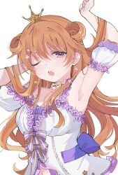 Rule 34 | 1girl, arm up, armpits, blush, bow, breasts, choker, cleavage, collarbone, commentary request, crown, detached sleeves, dress, frilled choker, frills, hair flowing over, hair ornament, highres, konoe kanata, long hair, looking at viewer, love live!, love live! nijigasaki high school idol club, midriff peek, navel, nemureru mori ni ikitai na (love live!), notyu maru, one eye closed, open mouth, orange hair, puffy detached sleeves, puffy sleeves, purple bow, purple eyes, sidelocks, solo, teeth, upper body, upper teeth only, white background, white dress, white sleeves, yellow choker