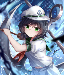 1girl absurdres artist_name black_hair closed_mouth green_eyes green_sailor_collar hat highres medium_hair midriff murasa_minamitsu sailor_collar shirt skirt smile solo top-exerou touhou upper_body white_hat white_shirt white_skirt