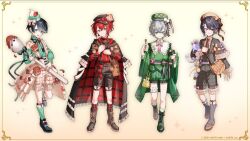4boys :d anmitsu_(dessert) aqua_eyes aqua_hat aqua_shirt aqua_socks arm_at_side ascot badge bag belt beret black_ascot black_bow black_bowtie black_cloak black_eyes black_footwear black_hair black_ribbon boots bow bow_legwear bowl bowtie braid brioche brown_footwear brown_hat brown_necktie brown_ribbon button_badge cabbie_hat cake cake_hat center_frills chajinbou charm_(object) checkered_clothes checkered_hat chocolate cloak clock_over_orquesta closed_mouth collared_shirt colored_tips cookie double-parted_bangs food food-themed_bag food-themed_hair_ornament food-themed_hat_ornament footwear_bow frilled_cloak frilled_shirt_collar frilled_shorts frilled_sleeves frilled_thigh_strap frills fruit full_body furisode_sleeves fuwa_tokihito green_eyes green_footwear green_hat green_jacket green_sash green_shorts grey_eyes grey_footwear grey_hair grey_jacket grey_shorts grey_vest hair_between_eyes hair_ornament hairclip hand_up harumi_kazuto hat hat_bow hat_ornament heterochromia holding holding_bowl holding_spoon holding_stuffed_toy ice_cream ice_cream_sandwich jacket kinchaku kokonoe_konoe lace-up_boots lapels layered_sleeves legwear_garter long_sleeves looking_at_viewer male_focus matcha_(food) mini_hat multicolored_hair multiple_boys nana_tetra neck_ribbon necktie notched_lapels official_art open_clothes open_jacket open_mouth origami oversized_object paper_crane pillbox_hat pink_ribbon plaid_clothes plaid_jacket plaid_shorts plaid_socks polka_dot polka_dot_legwear pom_pom_hat_ornament pouch puritan_collar purple_belt purple_eyes red_cloak red_hair red_ribbon red_shirt red_socks ribbon sash seigaiha shirt short_hair short_over_long_sleeves short_sleeves shorts shorts_under_skirt shoulder_bag showgirl_skirt side_braid sidelocks skirt sleeve_bow sleeve_cuffs smile socks spoon standing strawberry striped_bow striped_bowtie striped_clothes striped_shorts stuffed_animal stuffed_cat stuffed_toy suspender_shorts suspender_skirt suspenders swept_bangs thigh_strap tiramisu tokito_reiji two-sided_cloak two-sided_fabric vest white_ribbon white_shirt white_skirt white_socks wide_sleeves yellow_background
