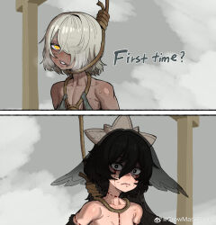 2girls absurdres black_hair dark-skinned_female dark_skin ebonyxh english_text executioner_maid_(centuriic) eyes_visible_through_hair grey_hair highres james_franco_first_time?_(meme) meme multiple_girls noose original pirates_of_the_caribbean rope saliva solaria_(ebonyxh) sweat watermark weibo_username weibo_watermark yellow_eyes