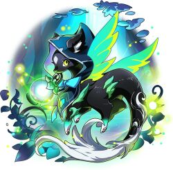 Rule 34 | animal focus, avernale (dragon village), avernale (glowing breath) (dragon village), black fur, bow, dragon, dragon village (series), dragon village collection, faux figurine, feathered wings, game cg, green eyes, green wings, hood, hood up, lantern, mouth hold, no humans, official art, pawpads, solo, tail, third-party source, transparent background, wings