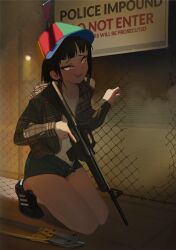 absurdres adidas armscor_m1600 black_hair bolt_cutters breaking_and_entering chain-link_fence commentary english_commentary english_text fence fog gun highres holding holding_gun holding_weapon hole_in_fence kneeling looking_at_viewer night open_fly open_mouth original outdoors plaid_clothes plaid_shirt polilla polivia propeller_hat rifle shirt short_shorts shorts sign smile smug trigger_discipline weapon white_shirt yellow_eyes