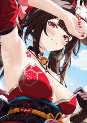 absurdres armpits bell black_choker black_gloves black_hair black_sash blue_sky breasts choker commentary detached_sleeves english_commentary flower_tattoo fox_mask from_below gloves highres honkai:_star_rail honkai_(series) japanese_clothes jingle_bell kimono lewd_chan long_hair mask mask_on_head medium_breasts neck_bell obi obiage obijime red_eyes red_kimono sash single_glove sky smile sparkle_(honkai:_star_rail) sweat tattoo teeth twintails upper_body