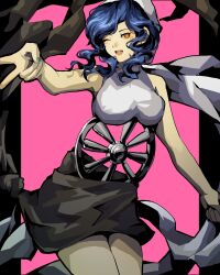 1girl 4me3ba_niku :d black_border blue_hair border breasts fortuna_(megami_tensei) green_nails highres large_breasts long_hair nail_polish one_eye_closed open_mouth outside_border pink_background shin_megami_tensei simple_background smile solo v wavy_hair wheel yellow_eyes