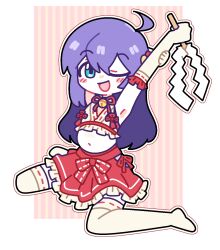 1girl :d ahoge armpits arms_up bare_shoulders bell bikini blush_stickers border bow concept_maihime_(idolmaster) deformed dot_nose double-parted_bangs elbow_gloves flat_chest frilled_gloves frilled_shirt frilled_skirt frills gloves gohei hair_bell hair_ornament hair_ribbon halter_shirt halterneck highres hip_vent holding holding_gohei holding_own_arm idolmaster idolmaster_million_live! idolmaster_million_live!_theater_days jingle_bell long_hair looking_at_viewer midriff millcookie_pro miniskirt mochizuki_anna navel neck_bell nontraditional_miko one_eye_closed open_mouth outline outside_border pink_bikini pink_ribbon pink_skirt pleated_skirt pregnant purple_hair ribbon ribbon-trimmed_gloves ribbon-trimmed_shirt ribbon-trimmed_thighhighs ribbon_trim shirt side-tie_bikini_bottom sidelocks sitting skirt sleeveless sleeveless_shirt smile solo straight_hair stretching striped_background swimsuit thighhighs waist_bow wariza white_border white_gloves white_outline white_thighhighs zettai_ryouiki
