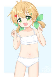 1girl :d antenna_hair blonde_hair blue_background border bow bra collarbone cowboy_shot flat_chest green_bow green_eyes hair_bow hair_ornament hairclip hands_up hao_(pila-pela) highres loli looking_at_viewer low_twintails medium_hair navel open_mouth original panties pila-pela smile solo stomach strap_slip training_bra twintails underwear underwear_only white_border white_bra white_panties