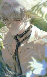 1boy black_necktie blue_eyes collared_shirt highres honkai:_star_rail honkai_(series) ilriyum looking_at_viewer male_focus neck_tattoo necktie official_alternate_costume parted_bangs partially_submerged pectoral_cleavage pectorals phainon_(anan)_(honkai:_star_rail) phainon_(honkai:_star_rail) shirt short_hair solo sun_symbol sun_tattoo tan tattoo wet wet_clothes wet_hair wet_shirt white_hair white_shirt