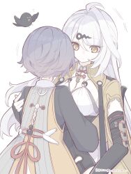 2girls absurdres ahoge belle_(delicate_sunlight)_(zenless_zone_zero) belle_(zenless_zone_zero) blue_hair dress elbow_gloves fingerless_gloves gloves hair_ornament highres hug jacket long_hair multiple_girls official_alternate_costume orange_dress single_elbow_glove single_hair_intake upper_body white_background yellow_eyes yellow_jacket yin_yang_pin yixuan_(zenless_zone_zero) zenless_zone_zero zzzii0