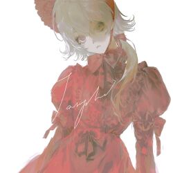 1girl bonnet capekachuu closed_mouth dress grey_hair highres juliet_sleeves long_sleeves original pink_eyes puffy_sleeves red_bonnet red_dress red_ribbon ribbon simple_background solo upper_body white_background