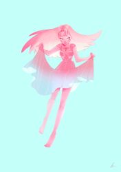 1girl absurdres barefoot blue_background breasts cleavage closed_mouth clothes_grab collarbone colored_skin dress dress_grab eyelashes eyeshadow full_body gradient_clothes gradient_dress heart highres lips long_hair looking_to_the_side makeup oka-easelandshiro original parted_bangs pink_dress pink_eyeshadow pink_hair pink_lips pink_skin signature simple_background smile solo tattoo yellow_eyes