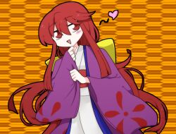 Rule 34 | 1girl, blush, bow, floral print, hair bow, heart, japanese clothes, kimono, kotohime (touhou), long hair, low-tied long hair, obi, open mouth, phantasmagoria of dim.dream, purple kimono, red eyes, red hair, ribbon, sash, sidelocks, smile, solo, spoken heart, suzuki masasi, touhou, touhou (pc-98), white kimono, wide sleeves, yellow bow