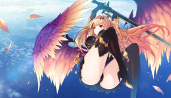 1girl above_clouds black_boots black_gloves black_panties black_skirt blonde_hair boots breasts cloud dark_angel_olivia diieru elbow_gloves feathered_wings feathers floating_hair from_above gloves granblue_fantasy high_heel_boots high_heels highres holding holding_sword holding_weapon horns long_hair midair panties purple_wings red_eyes skirt solo sword thigh_boots thighs underwear weapon wings